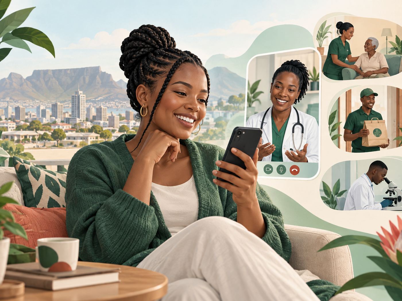 A patient consulting a doctor by video while a nurse, pharmacist and laboratory scientist support the same care journey