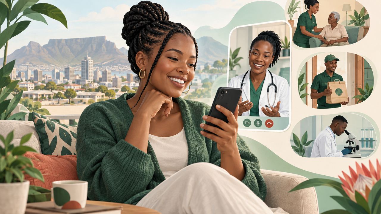 A patient consulting a doctor by video, with pharmacy and laboratory services connected to the same journey